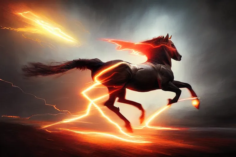 Prompt: a stunning digital painting of a horse as the flash running in the speedforce by greg rutkowski, volumetric light, digital art, fine detail, photorealistic