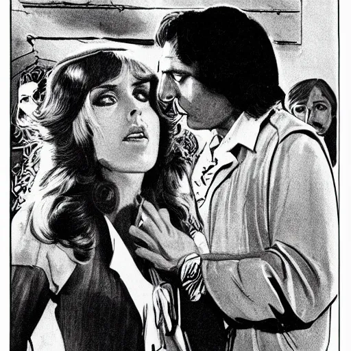 Prompt: a 7 0 s double - page spread of a woman looking up at a man. the woman is called carmen and the caption how did i manage without carmen before