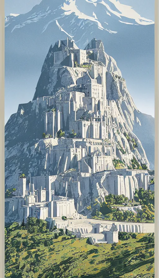 Prompt: realistic tourist poster art of ( ( minas tirith ) )! by alvar aalto