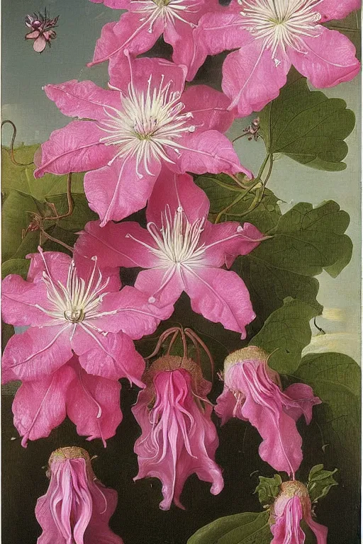 Image similar to thousands of clustered pink dripping clematis liquefying dripping with pink paint by ambrosius bosschaert and salvador dali, oil on canvas