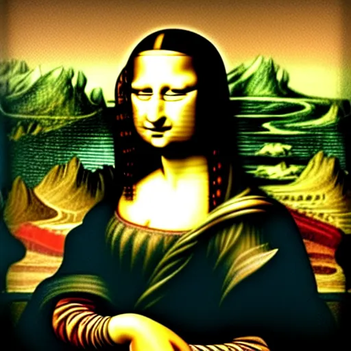 Image similar to hyperrealistic fractal surrealistic psychodelic Mona Lisa by Da Vinci