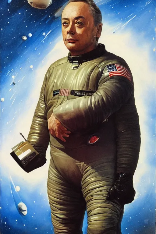 Prompt: portrait of an obese udo kier wearing leather spacesuit, nebula space background and spaceship, illustration by normal rockwell and jacob collins, artstation character art, john berkey, greg rutkowski