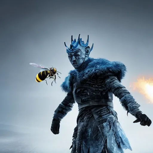 Prompt: justin sun as night king versus huge bee, 4 k, epic, cinematic, focus, movie still, fantasy, extreme detail, atmospheric, dark colour, sharp focus