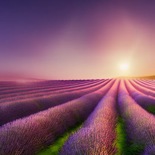 Prompt: realistic lavender fields at sunrise, ultrawide angle cinematic view, ultra realistic, detailed, cinematic, photorealism, unreal engine, octane render