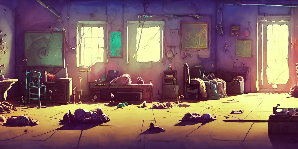 Image similar to room in the sewers, the room is messy and unorganized, bed is not made, sword clothes and posters everywhere, detailed, artstation, 8 k, sci - fi, pastel colors, props, panel, concept, simon stalenhag, in watercolor gouache detailed paintings, moebius, blueprint, building, living room, detailed, posters, sofa
