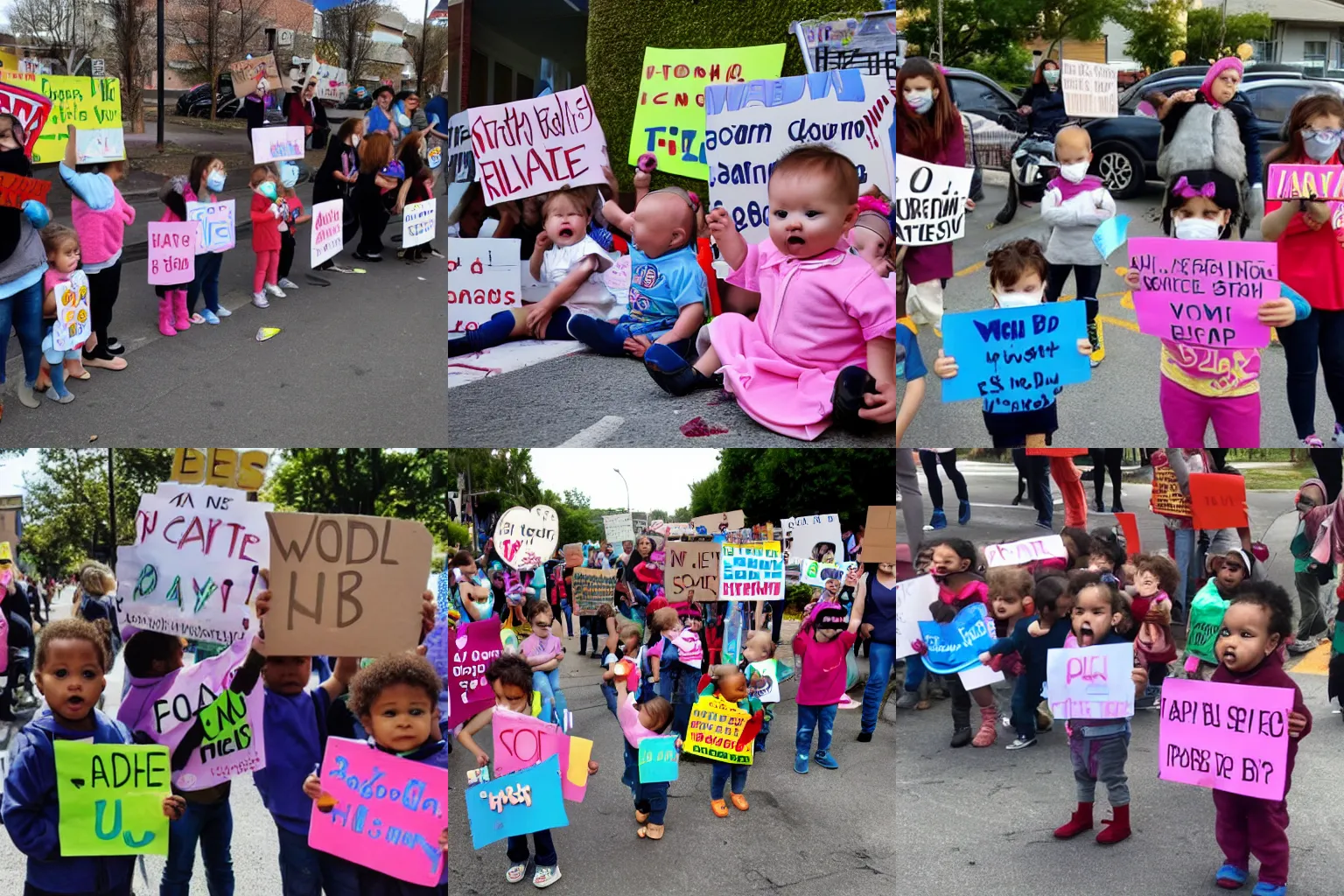 Prompt: babies protesting in front of a daycare center