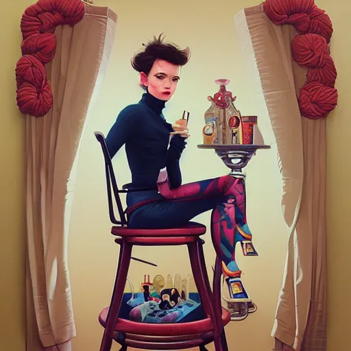 Image similar to Lofi portrait in high back chair, Pixar style by Tristan Eaton and Stanley Artgerm and Tom Bagshaw and Tim Burton