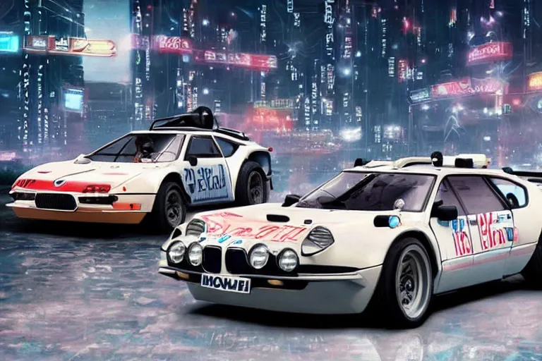 Prompt: 1975 Citroen DM BMW M1 Stratos, city in anime cyberpunk style by Hayao Miyazaki