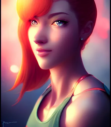 Image similar to beautiful portrait of a gorgeous personal trainer who looks like Princess Peach , character design by charlie bowater, ross tran, artgerm, and makoto shinkai, detailed, soft lighting, rendered in octane