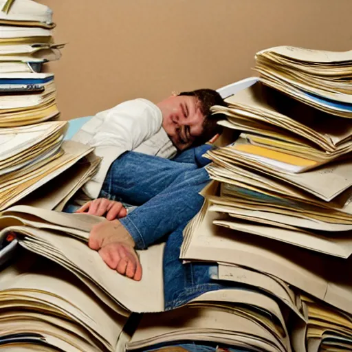 Image similar to a bizzaro worker asleep between piles of papers, high def