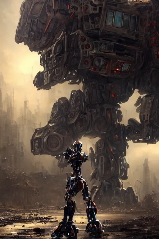 Image similar to a futurecore boxing humanoid mecha in ruin city, bright, by real steel ( 2 0 1 1 ), sharp focus, eve venture, raymond swanland, cryengine, post apocalyptic, mechanical structure, unreal engine 5, 8 k realistic, hyper detailed, bright, background by greg rutkowski,, digital painting, concept art, dof