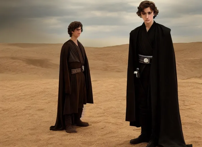 Prompt: timothee chalamet plays anakin skywalker in the live action remake of star wars revenge of the sith, 3 5 mm photography, highly detailed, cinematic lighting, standing pose, 4 k