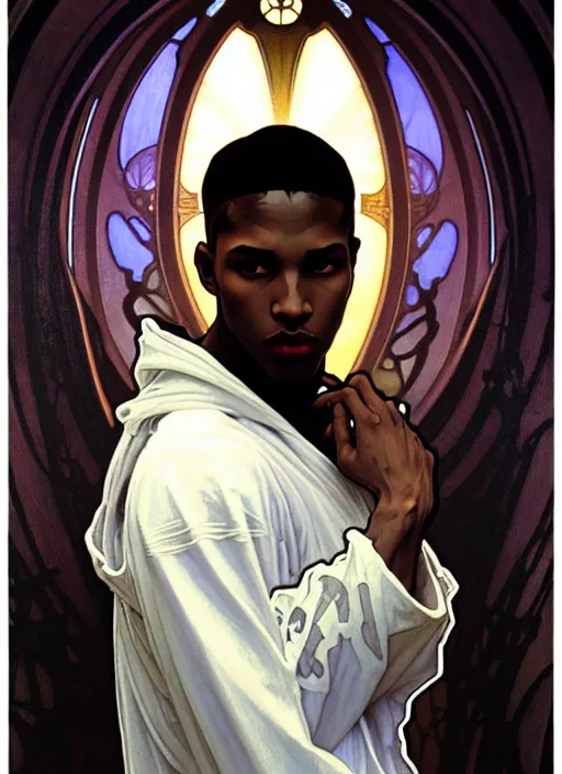 Prompt: awe-inspiring award-winning concept art nouveau painting of attractive young black man in a white hoodie angelic warrior figure, darkness, by Alphonse Mucha, Michael Whelan, William Adolphe Bouguereau, John Williams Waterhouse, and Donato Giancola, cyberpunk, fierce, extremely moody lighting, glowing light and shadow, atmospheric, shadowy, cinematic, diffuse lighting, fantasy, intricate, elegant, highly detailed, lifelike, photorealistic, digital painting, artstation, illustration, concept art, smooth, sharp focus, art by John Collier and Albert Aublet and Leonardo da vinci and Krenz Cushart and Artem Demura and Alphonse Mucha