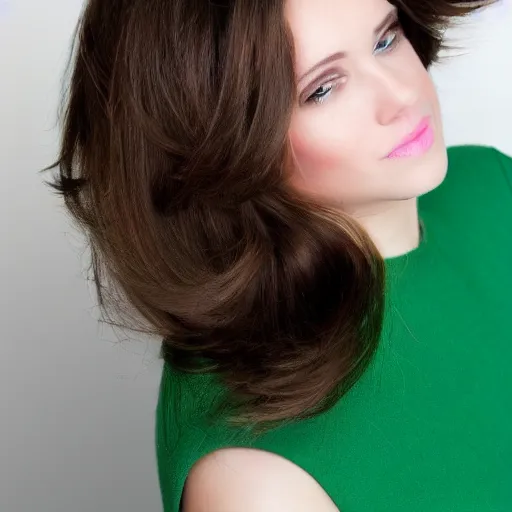 Image similar to brunette woman, flipped hairstyle, bright green eyes