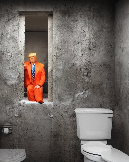 Image similar to a head and shoulders portrait of Donald trump behind bars, wearing a orange jumpsuit, sitting on a toilet in a filthy rat infested concrete jail In a maximum security prison, dimly lit, volumetric lighting, arney freytag, craig mullins and Annie Leibowitz, octane, 8k,