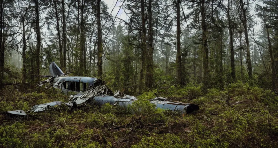 Prompt: a over grown old plane crash site in a forest, cinematic, epic lighting, over grown greenery