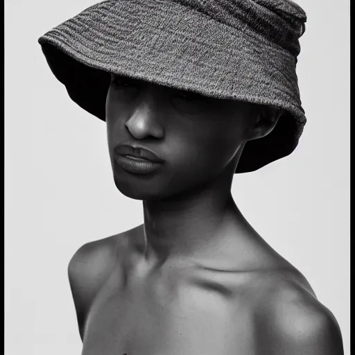 Image similar to realistic photoshooting for a new issey miyake lookbook, color film photography, portrait of a beautiful woman, model is wearing a bucket hat, photo in style of tyler mitchell, 3 5 mm,