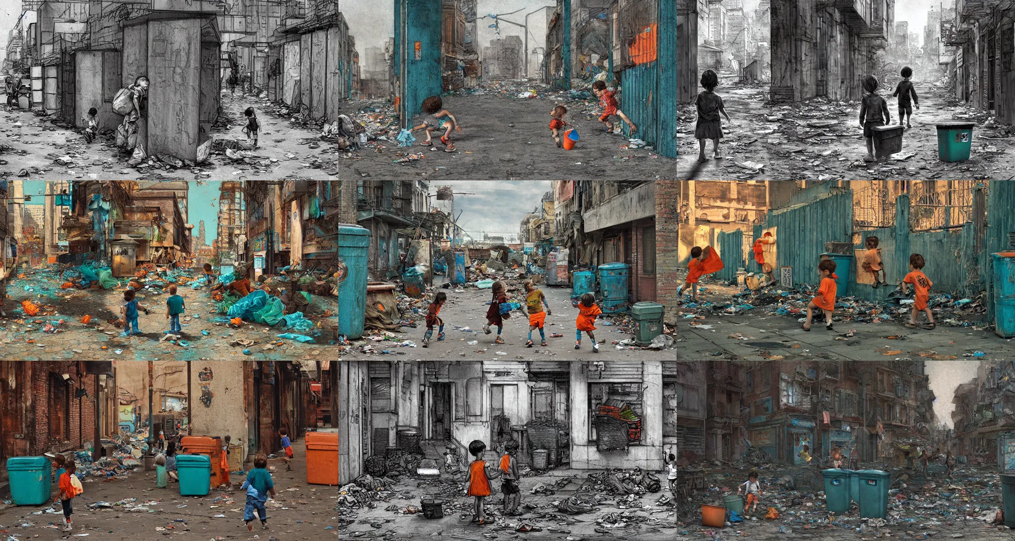 Prompt: little kids playing hide and seek, street scene, dilapidated district, trash cans, teal and orange grade, film grain, dirt, high quality illustration by David Finch, trending on artstation