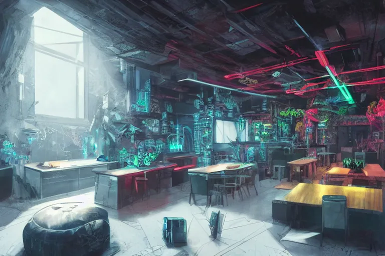 Prompt: ultra mega super hyper realistic Digital concept interior design in style of Hiromasa Ogura and Josan Gonzalez of cyberpunk tavern with stone walls and neon lights, a lot of electronics, many details in style of Hiromasa Ogura and Josan Gonzalez. Natural white sunlight from the transperient roof. Rendered in VRAY and DaVinci Resolve and MAXWELL and LUMION 3D, Volumetric natural light