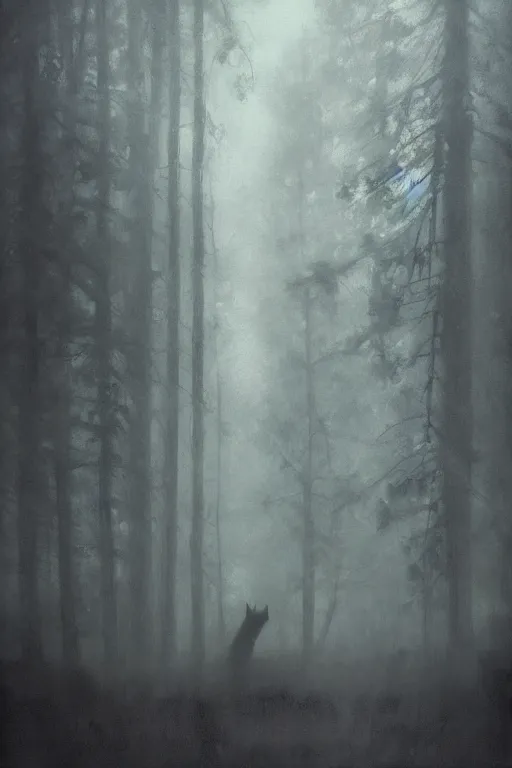 Prompt: detailed cinematic moody colors studio portrait of a distant big werewolf at the foggy forest, in high quality by jeremy mann, only one head single portrait