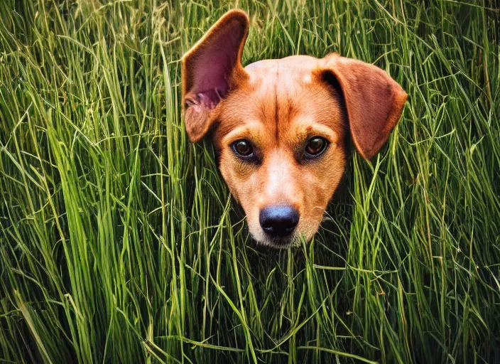 Prompt: a closeup, 4 5 mm, detailed photograph of real dog in grass land, beautiful low light, 4 5 mm, by franz lanting