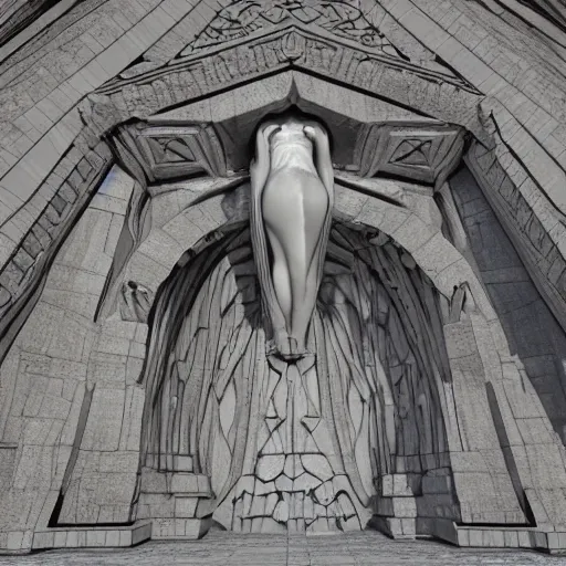 Image similar to giant carved stone woman detailed megastructure, full frontal view, expansive view, vivid colorful Hyperrealistic CGI Photorealistic cinematic volume lighting fanart on ArtStation concept art, slutcore, ancient aliencore,