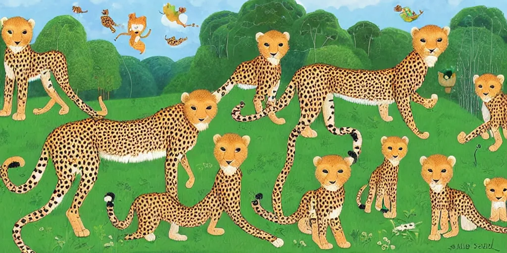 Image similar to whole family of cheetah and lion in happy forest , huge scale, high detail, intricate by Axel Scheffler