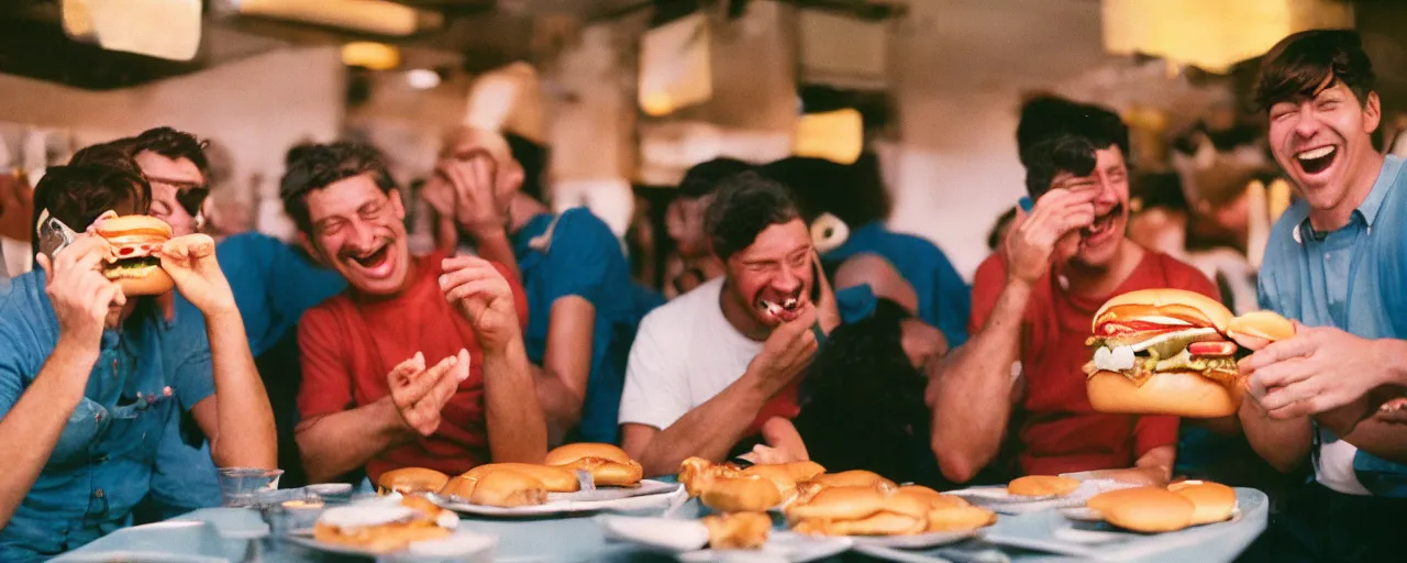 Prompt: a group of people laughing at a man with hamburgers for ears, canon 5 0 mm, cinematic lighting, photography, retro, film, kodachrome, closeup