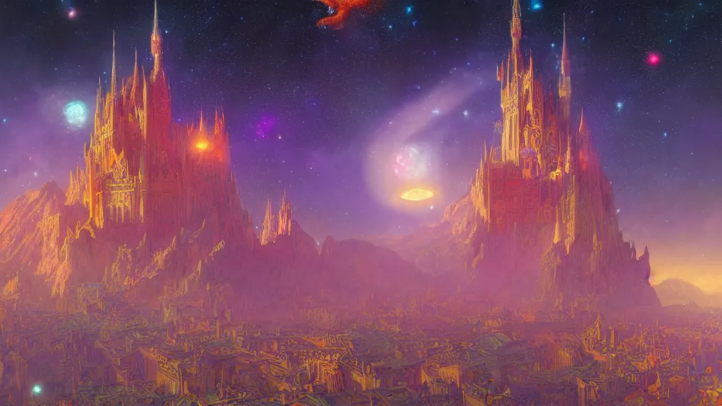 Prompt: a beautiful highly detailed matte painting of colorful castle nebulas by moebius, alphonse mucha, stars in the background, highly detailed, intricate design, 8 k resolution, octane render, trending on artstation and cgsociety