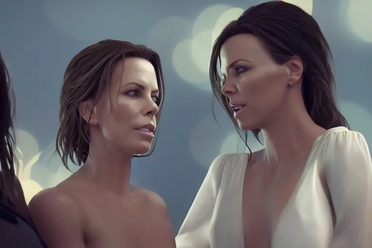 Image similar to a very beautiful hyper - realistic portrait of kate beckinsale and charlize theron looking at each other, rendered by beeple, by makoto shinkai, syd meade, starwars, digital art, unreal engine, wlop, trending on artstation, 4 k uhd image, octane render