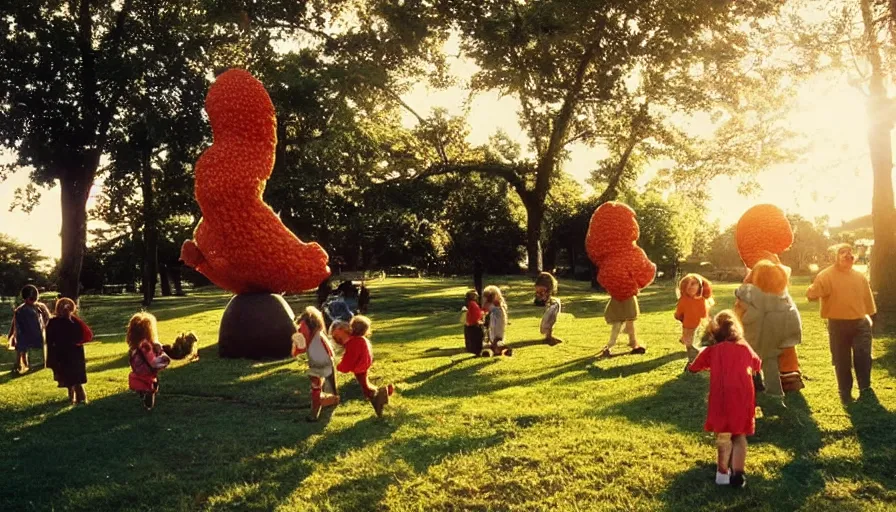 Prompt: 1990s candid photo of a beautiful day at the park, families playing, cinematic lighting, cinematic look, golden hour, large personified fruit creatures in the background, Enormous fruit people, scary fruit, UHD