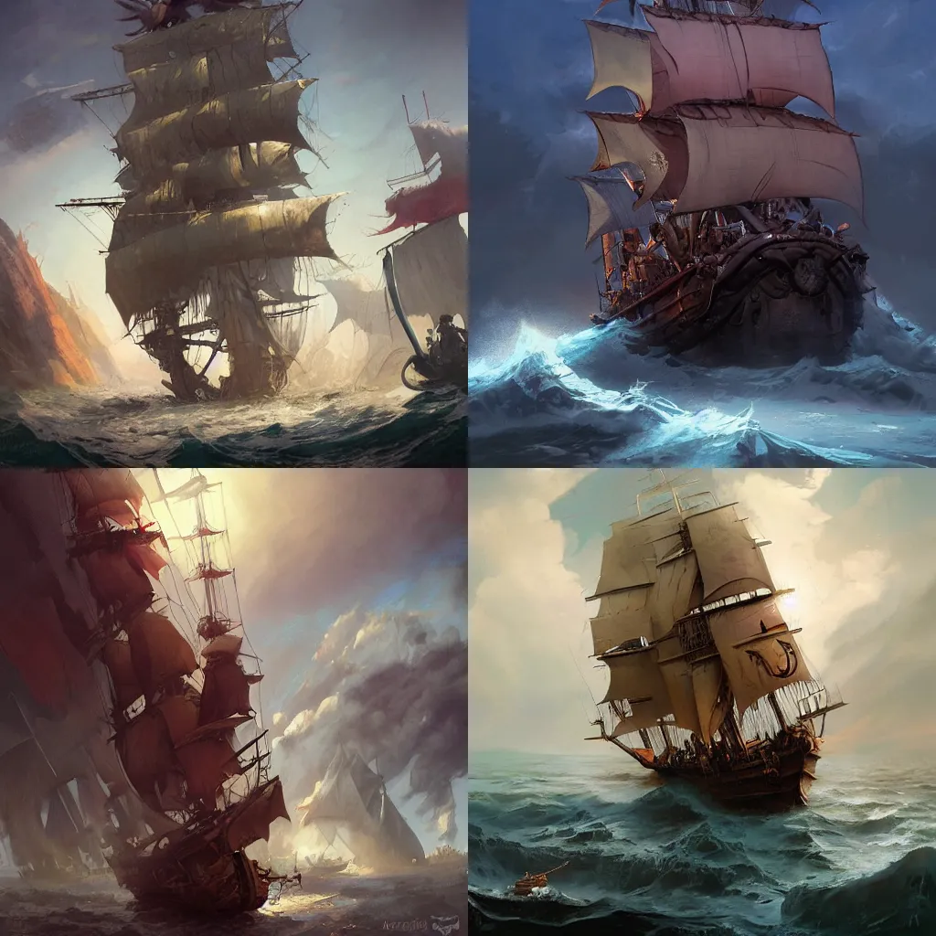 Prompt: A digital painting of pirate Ship, by Stanley Artgerm Lau, frank frazetta, Rossdraws, James Jean, gerald brom, Andrei Riabovitchev, Marc Simonetti, and Sakimichan, trending on artstation, SFW version