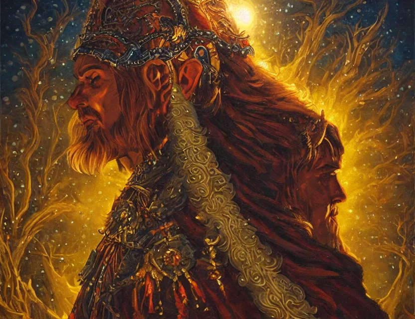 Image similar to sun priest of the snowy mountains. oil painting by underground comic book artist, chiaroscuro, intricate details, bokeh, backlighting, field of depth, safe for work