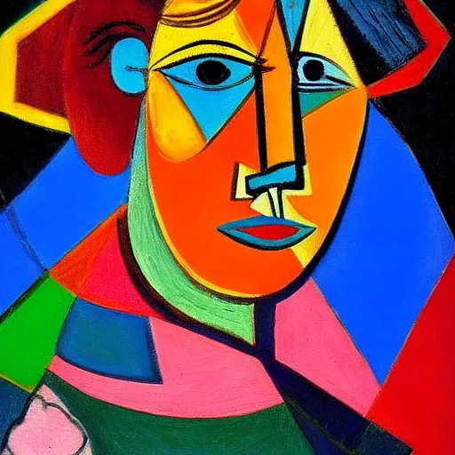 Prompt: a portrait painting by Picasso, vivid colours, oil on canvas