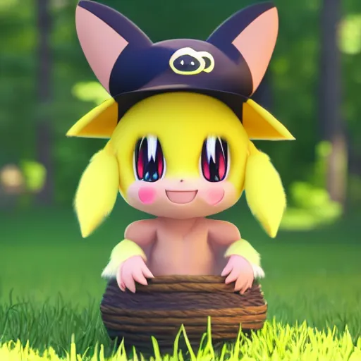 Image similar to nymph render of a very cute Pichu wearing straw hat pokemon, adorable eyes, cute smile, full round face, bright sunny time, serene forest setting, medium shot, mid-shot, highly detailed, trending on Artstation, Unreal Engine 4k