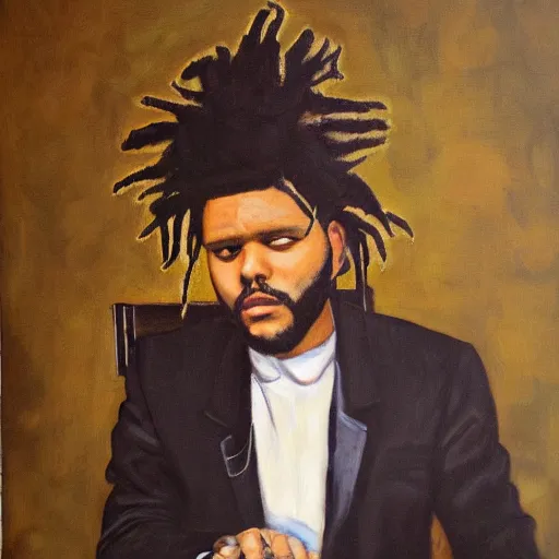 Prompt: a vanitas painting of the weeknd sitting in a chair lifeless by audrey flack, grim, oil painting, detailed, realistic, defined features