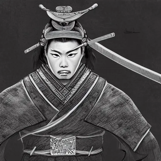 Image similar to a portrait of a samurai warrior, focused gaze, art station, highly detailed, concept art, sharp focus, illustration in pen and ink, 4 k, wide angle, by kentaro miura