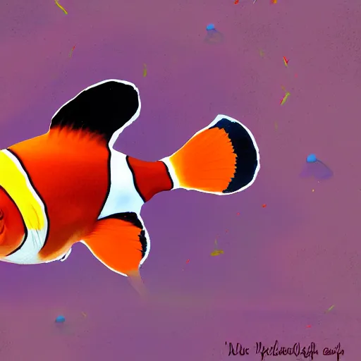 Prompt: a clownfish fighting a shark, digital art