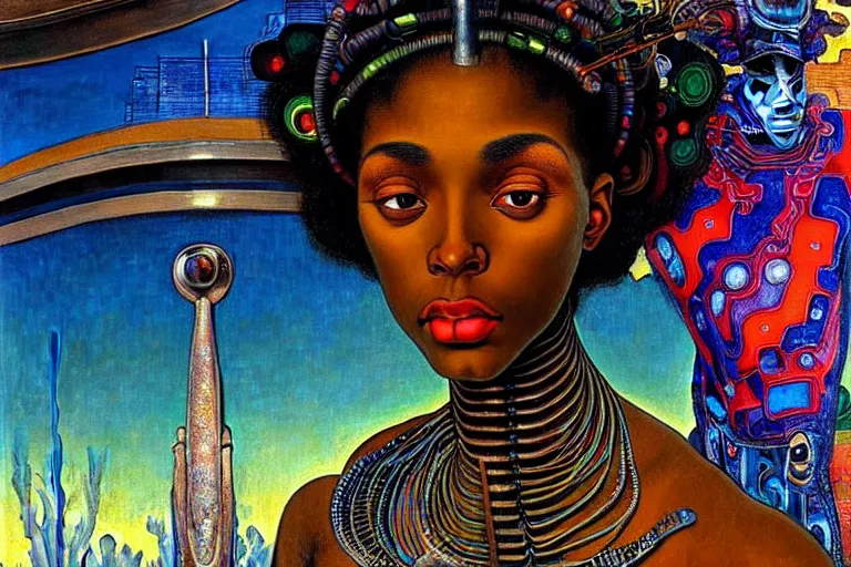 Prompt: realistic extremely detailed closeup portrait painting of a beautiful black woman in a dress with supercomputer robot, city street on background by Jean Delville, Amano, Yves Tanguy, Ilya Repin, Alphonse Mucha, William Holman Hunt, Ernst Haeckel, Edward Robert Hughes, Roger Dean, rich moody colours