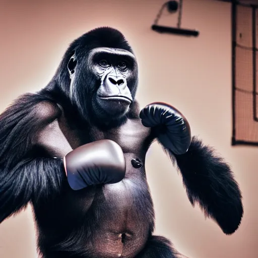 Prompt: photo of a Gorilla as a boxer, DSLR 50mm