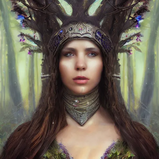 Prompt: oil painting portrait of fantasy female warrior, symmetrical face, beautiful face, shining eyes, crystals, covered in plants, standing in the mystical forest, realistic oil painting, baroque, renaissance painting, dramatic, cinematic light, trending on artstation, rule of thirds, highly detailed