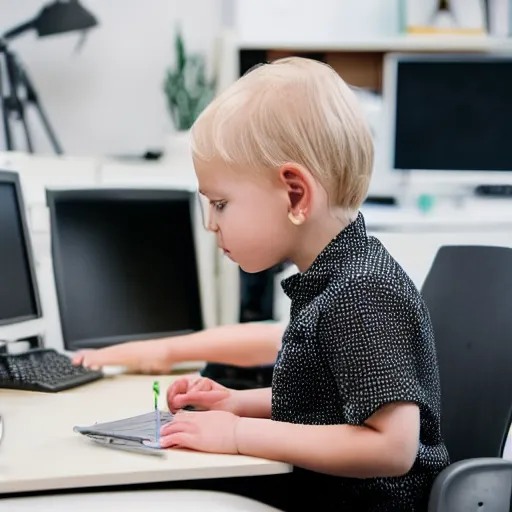 Prompt: a blonde toddler child infant baby girl working CAD computer drafting, civil engineer, sitting at a desk