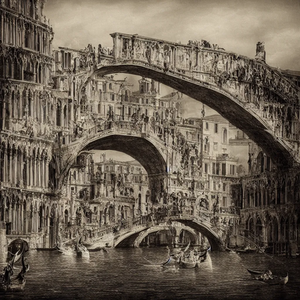 Image similar to the bridges of venice by piranesi, composition, cinematic, rule, grid