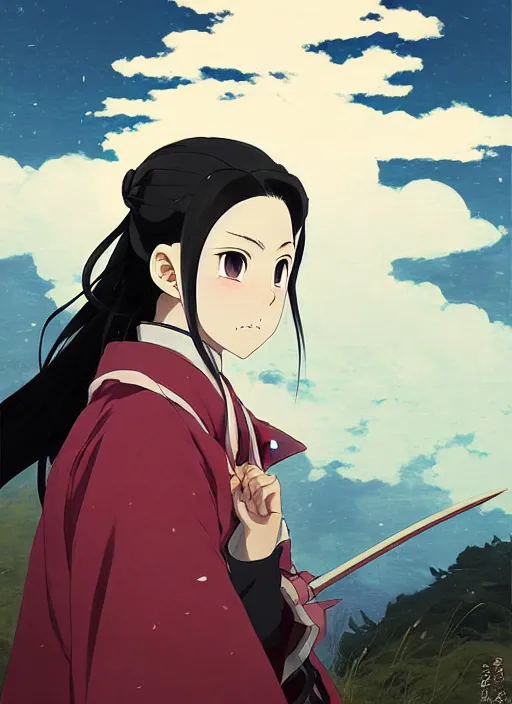 Prompt: portrait of Nezuko from Demon Slayer Anime by Koyoharu Gotouge, countryside, calm, fantasy character portrait, dynamic pose, above view, sunny day, thunder clouds in the sky, artwork by Jeremy Lipkin and Giuseppe Dangelico Pino and Michael Garmash and Rob Rey, very coherent asymmetrical artwork, sharp edges, perfect face, simple form, 100mm