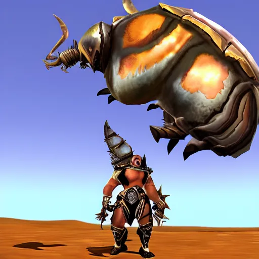 Prompt: warrior riding hercules beetle mount, facing camera, world of warcraft mount, psx graphics, fantasy mmorpg screenshot