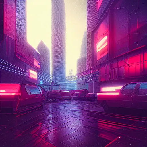 Prompt: a digital painting of a city at night, cyberpunk art by mike winkelmann, artstation, panfuturism, dystopian art, retrowave, synthwave