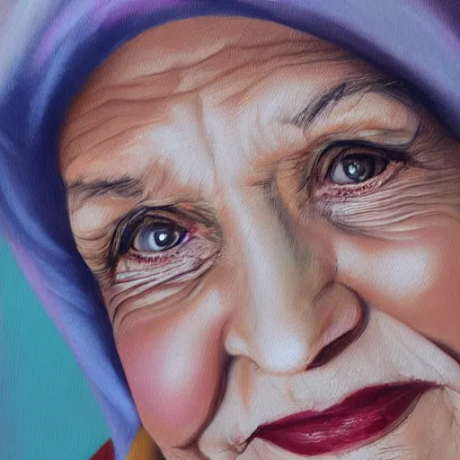 Image similar to medical heating eye bag, old woman, in the glamour style, oil painting, high definition, airbrush,