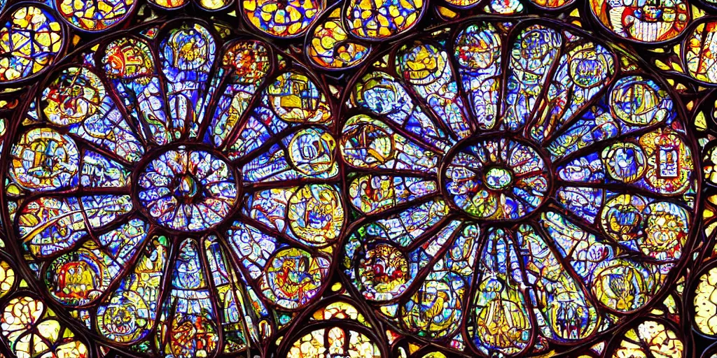 Image similar to gothic cathedral rose window megastructure in the style of heironymus bosch, intricate colorful masterpiece, hyper detailed, hd