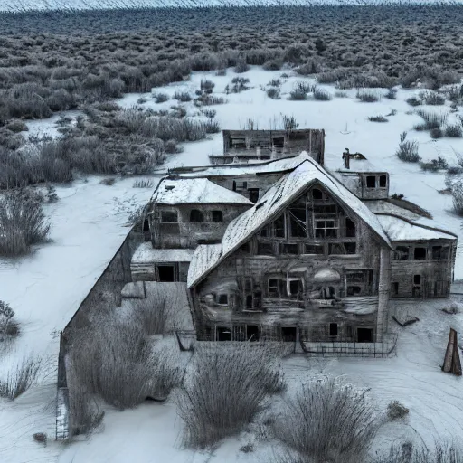 Image similar to a distorted post-apocalyptic landscape with a singular iron-made 10-foor house near the frozen lake hd 8k photo