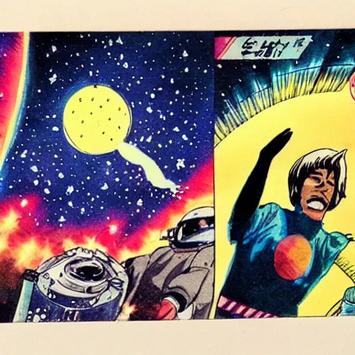 Prompt: a vintage anime 70s comic book watercolor of Obama in space attaining enlightenment